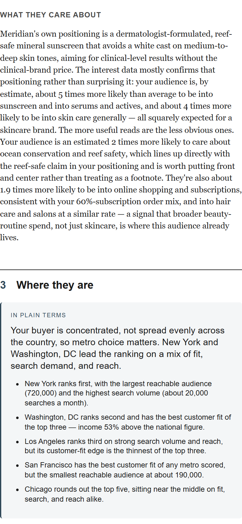 Sample report page, What they care about: how a skincare brand's audience interests line up with its positioning.