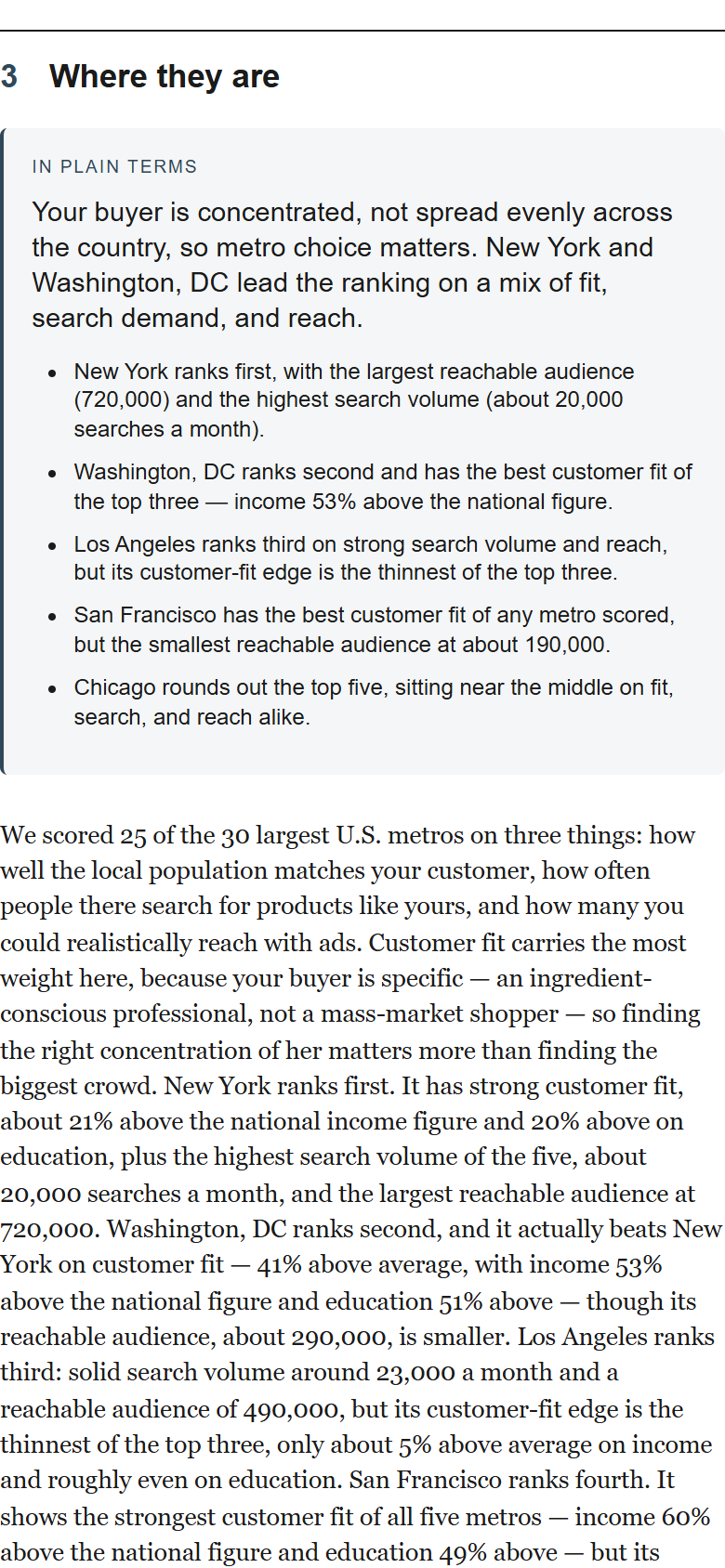 Sample report page, Where they are: a plain-terms summary ranking the top metro markets for a skincare brand.
