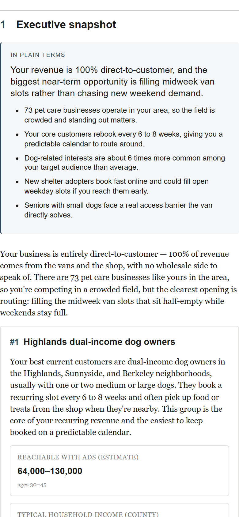 Sample report page, Executive snapshot: a plain-terms summary of a mobile dog groomer's customers, local competition, and biggest opportunity.